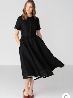 Son de Flor Black Short-Sleeve Button-Front Midi Dress